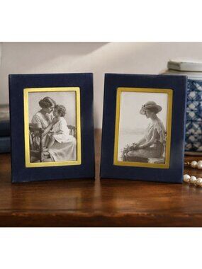 Vintage Navy Blue Gold Trim Picture Frames Set of 2 Small Tabletop Frames